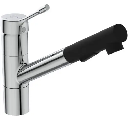 Küchenarmatur von Ideal Standard mit einem modernen Design, einem kombinierten Hebel für Warm- und Kaltwasser und einer herausziehbaren Brause. Farblich in Chrom gehalten.